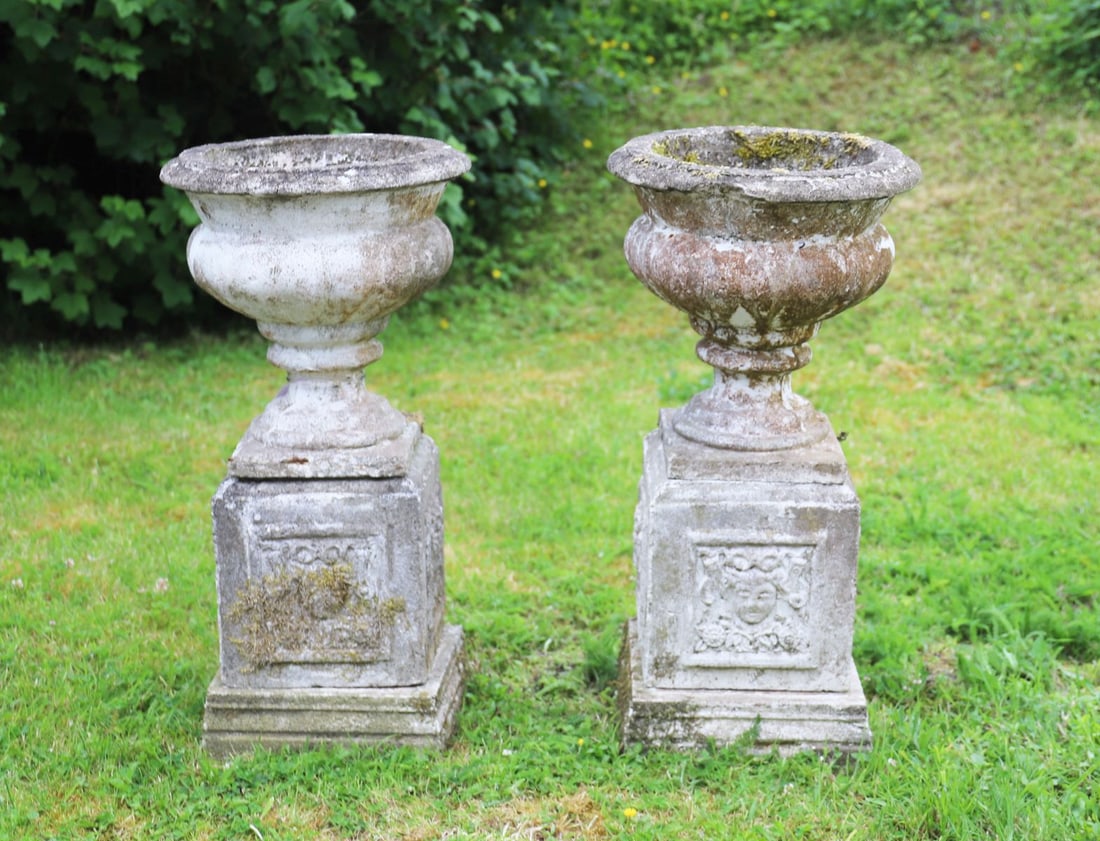PAIR WEATHERED COMPOSITE STONE URNS ON PEDESTALS (1 of 4)