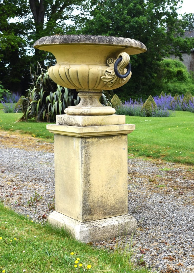 COMPOSITE STONE CAMPANA URN ON PEDESTAL (1 of 2)