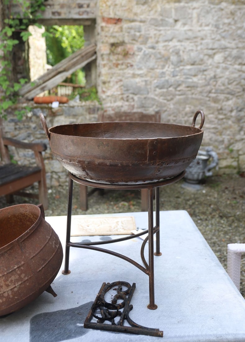 LARGE RIVETED STEEL FIRE BOWL ON STAND (1 of 2)