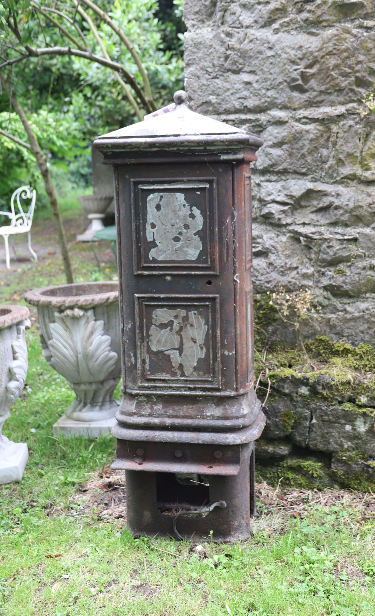 PR OF 19TH-CENTURY CAST IRON RAILWAY SIGNAL BOXES: Pair of substantial cast iron railway signal boxes of rectangular form with moulded panel decoration, reputedly from Heuston Station, Dublin. Retaining traces of original paint and industrial fittings