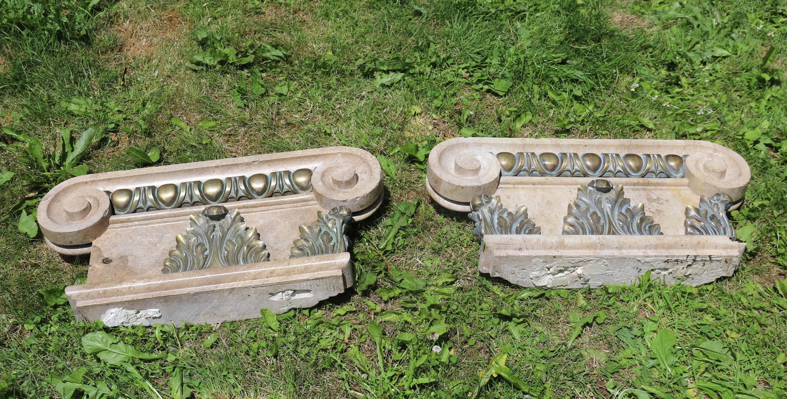 4 19TH-CENTURY MARBLE & BRONZE-MOUNTED CAPITALS: A set of four architectural capitals in marble with applied bronze mounts and classical ornament.