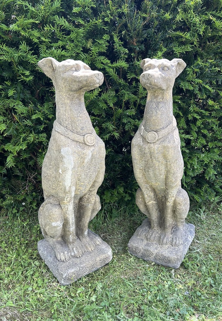 PAIR OF COMPOSITE STONE GREYHOUND GARDEN FIGURES (1 of 2)