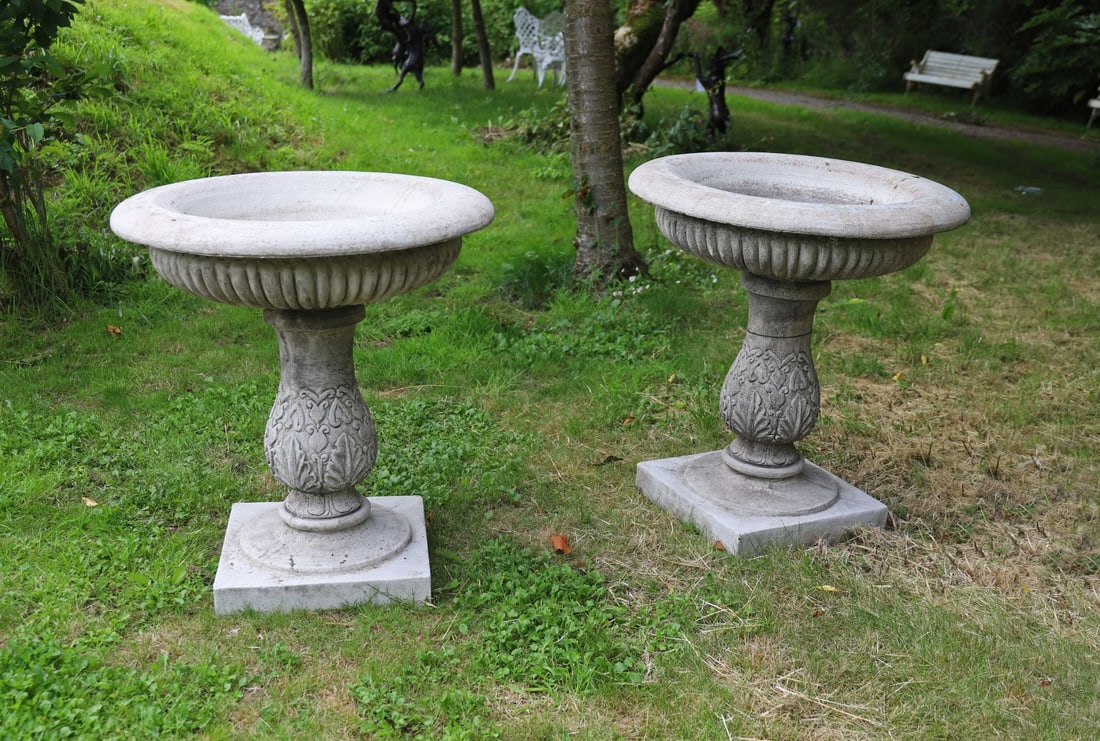 PAIR OF COMPOSITE STONE CAMPANA URNS (1 of 3)