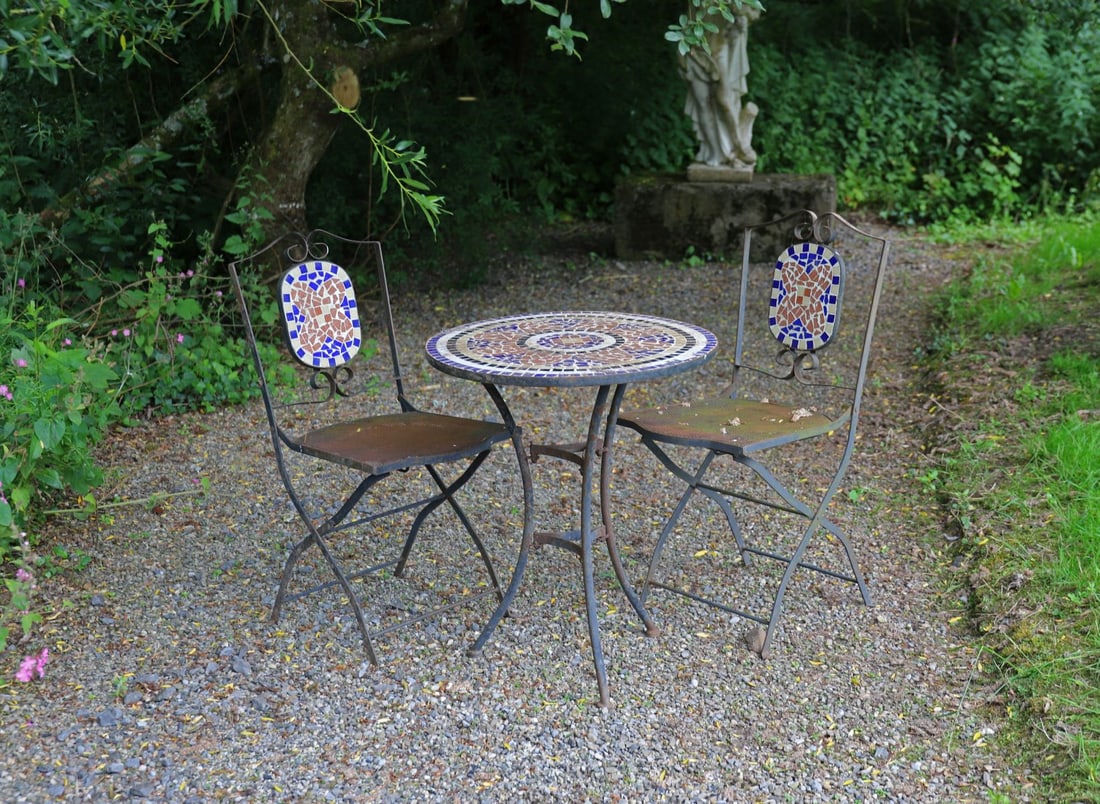 METAL PATIO TABLE & 2 MOSAIC PANELLED CHAIRS (1 of 3)