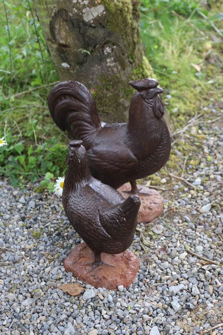 CAST IRON GROUP OF ROOSTER AND HEN (1 of 3)