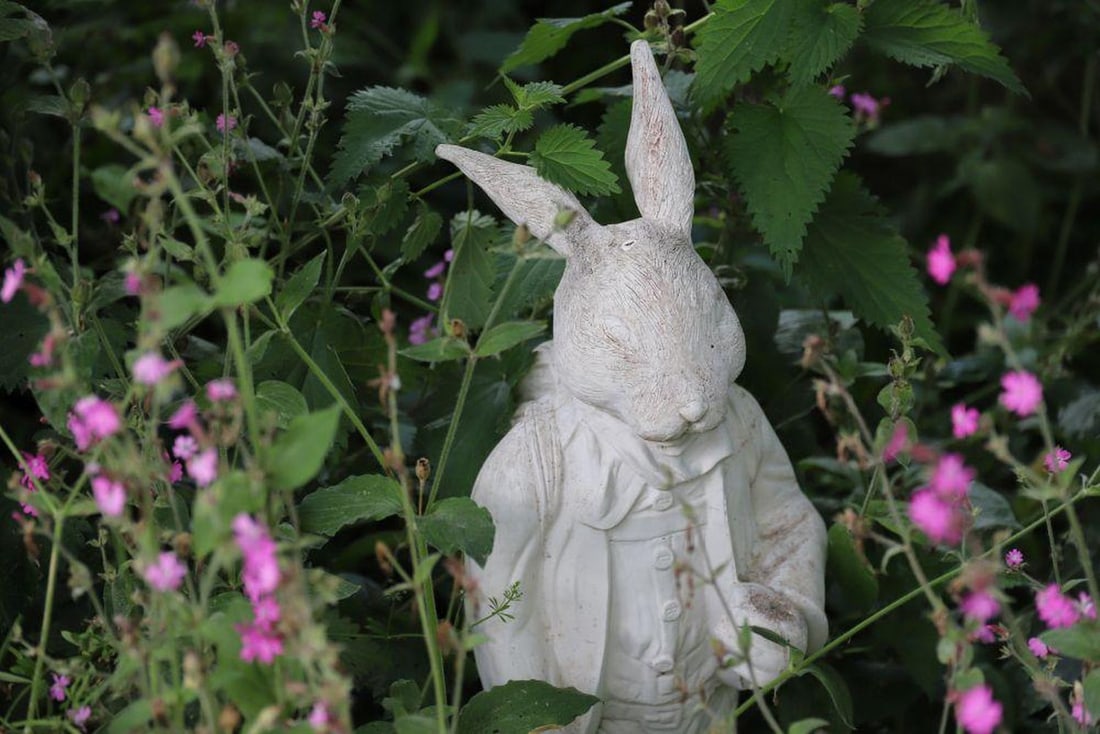 PAINTED COMPOSITE FIGURE OF A RABBIT IN A SUIT: A tall garden ornament in the form of a rabbit dressed in a Victorian-style coat and waistcoat, cast in composite stone and painted white. The figure stands upright with detailed fur and clothing text