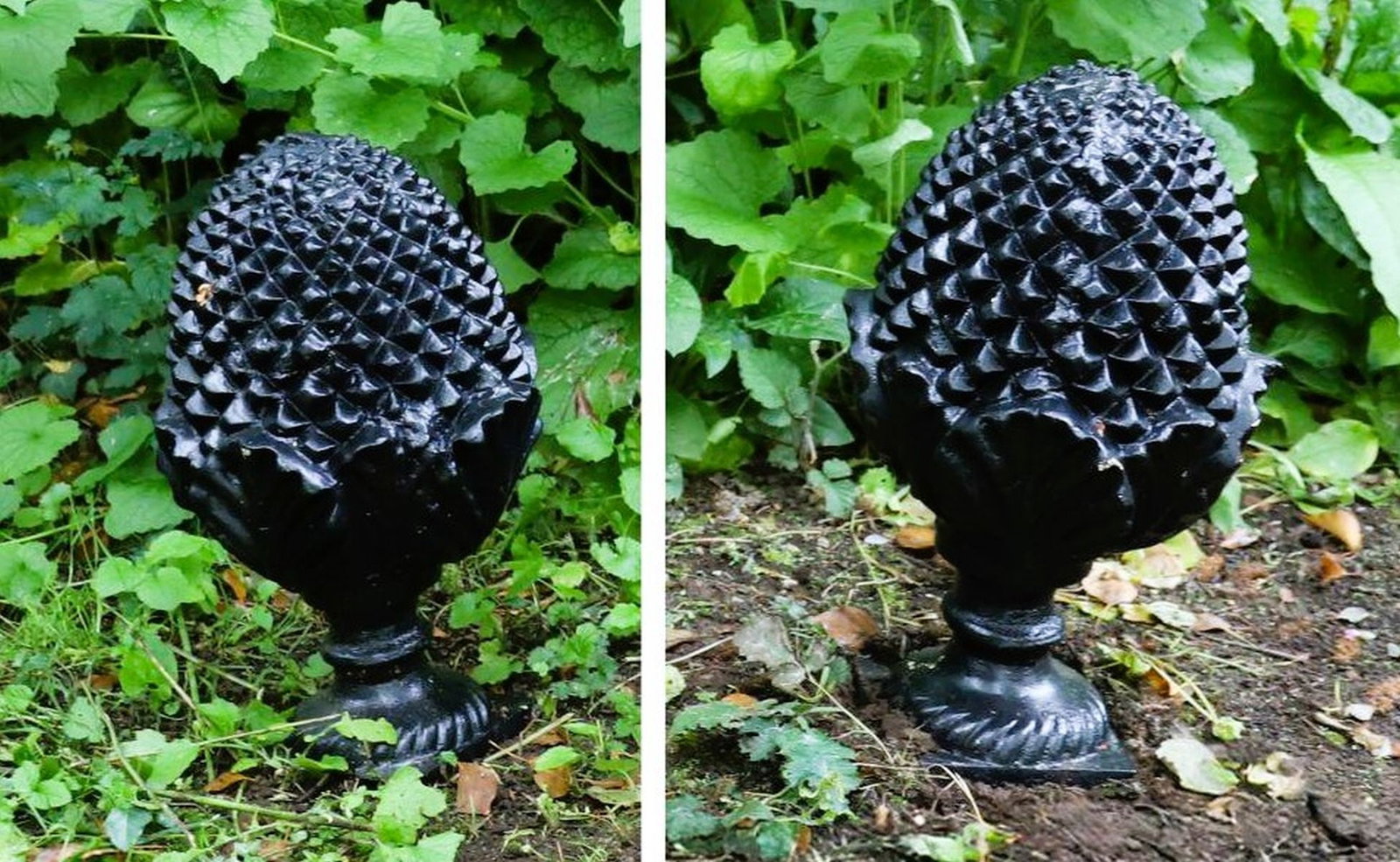 PAIR OF CAST IRON PINECONE FINIALS: A pair of large decorative cast iron finials in the form of stylised pinecones, finished in black paint. Likely for use as gatepost or pier ornaments.
