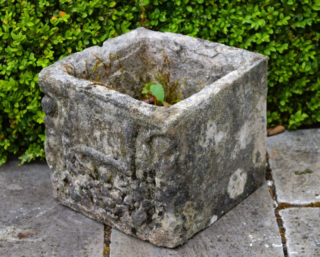 SANDSTONE SQUARE PLANTER WITH CLASSIC FIGURES (1 of 3)