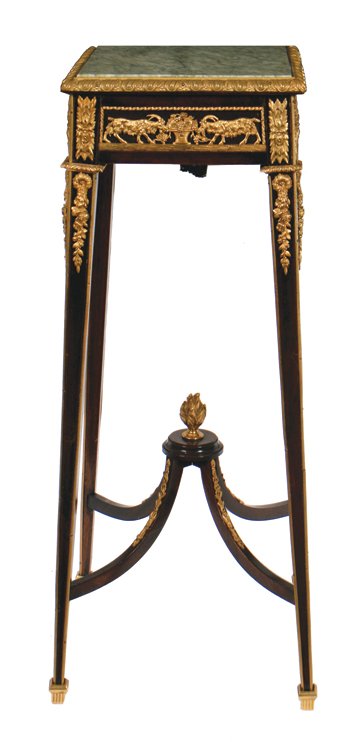 Napoleon III mahogany and ormolu mounted stand,: Napoleon III mahogany and ormolu mounted stand, of square form, by Linke, Paris 30 cm. square; 85 cm. high