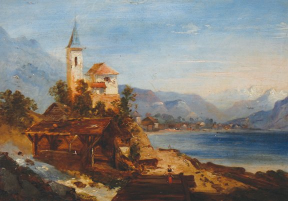 Nineteenth-century Continental School,: Nineteenth-century Continental School, Church overlooking the bay, Oil on board 26 x 36 cm.