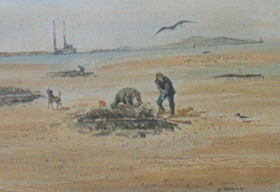 O'Reilly,: O'Reilly, The bait diggers, Signed watercolour 23 x 34 cm.