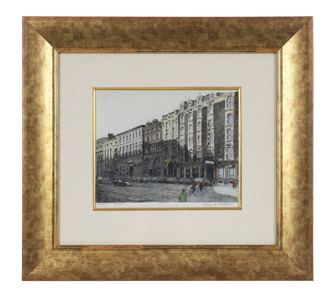 FLORA H. MITCHELL (1890 - 1973): Title: Dame Street, DublinMedium: Watercolour, Pen and InkSignature: Signed Lower Right and Titled Lower LeftProvenance: Private CollectionFramed