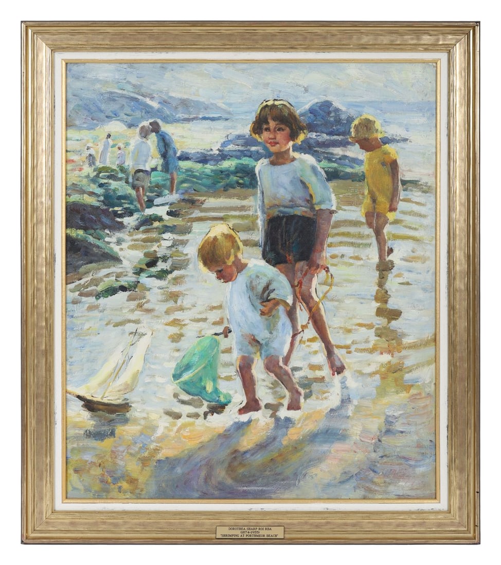 DOROTHEA SHARP RBA ROI (BRITISH, 1874 - 1955): Title: Shrimping at Porthmeor BeachMedium: Oil on CanvasSignature: Indistinctly Signed Lower Right and TitledProvenance: Private CollectionFramed