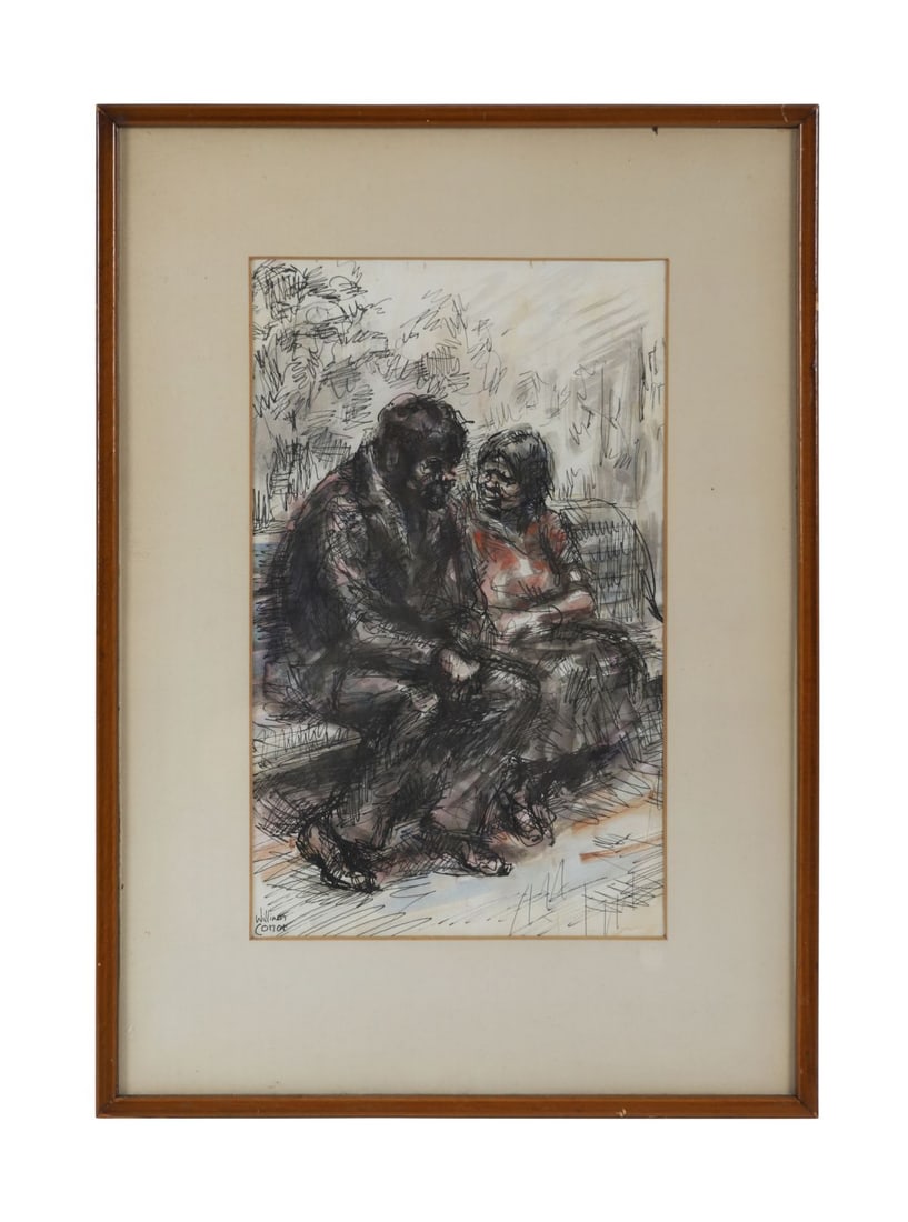 WILLIAM CONOR OBE RHA RUA ROI (1881 - 1968): Title: A Chat on the Park BenchMedium: Pen, Ink and Watercolour WashSignature: Signed Lower LeftProvenance: John Magee, Belfast (Label Verso); The Gerry Cuddy CollectionFramed