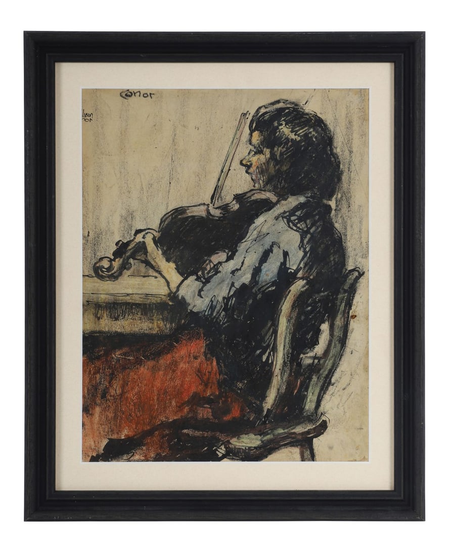 WILLIAM CONOR OBE RHA RUA ROI (1881 - 1968): Title: The Violin PlayerMedium: Watercolour, Ink and CharcoalSignature: Signed Twice Upper LeftProvenance: Purchased in Belfast, Circa 1970, by the Previous Owner (probably from John Magee); Private C