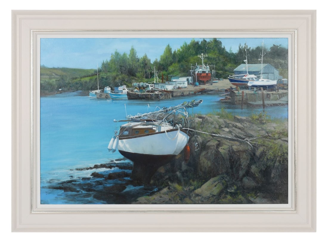ANNEMARIE BOURKE (B. 1957): Title: Boatyard at Oldcourt, West CorkMedium: Oil on CanvasSignature: Signed Lower Right and Inscribed VersoProvenance: Private CollectionFramed