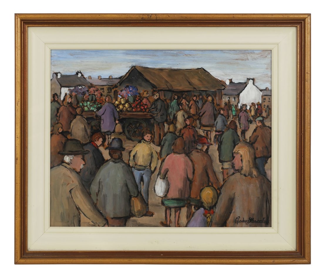 GLADYS MACCABE MBE HRUA ROI FRSA (1918 - 2018): Title: The Fruit CartMedium: Oil on BoardSignature: Signed Lower Right and Titled VersoProvenance: Private CollectionFramed