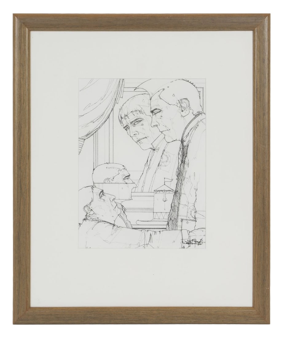JOHN BOYD (B. 1957): Title: The ThreatenedMedium: Pen and Ink on PaperSignature: Signed Lower Right and Inscribed VersoProvenance: Private CollectionFramed