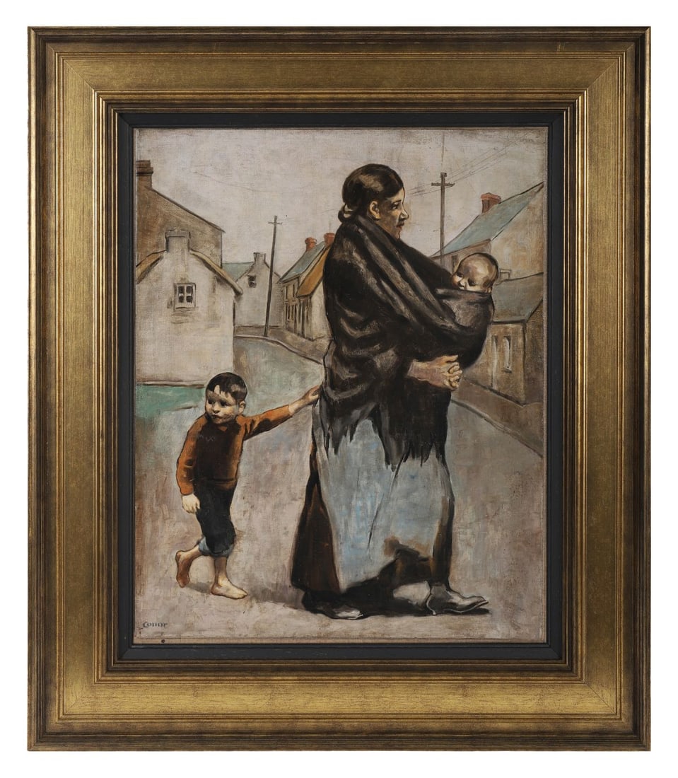 WILLIAM CONOR OBE RHA RUA ROI (1881 - 1968): Title: Shawlie with Children, Quay Street, Skerries, Co. Dublin (C. 1915)Medium: Oil on CanvasSignature: Signed Lower LeftProvenance: Private CollectionFramed?If a [?] town could have folk-songs and i