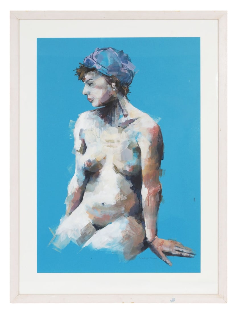 BRIDGET FLINN (20TH / 21ST CENTURY): Title: Nude on BlueMedium: Acrylic on BoardSignature: Signed Lower Centre Right; Inscribed on Label VersoProvenance: Private CollectionFramed