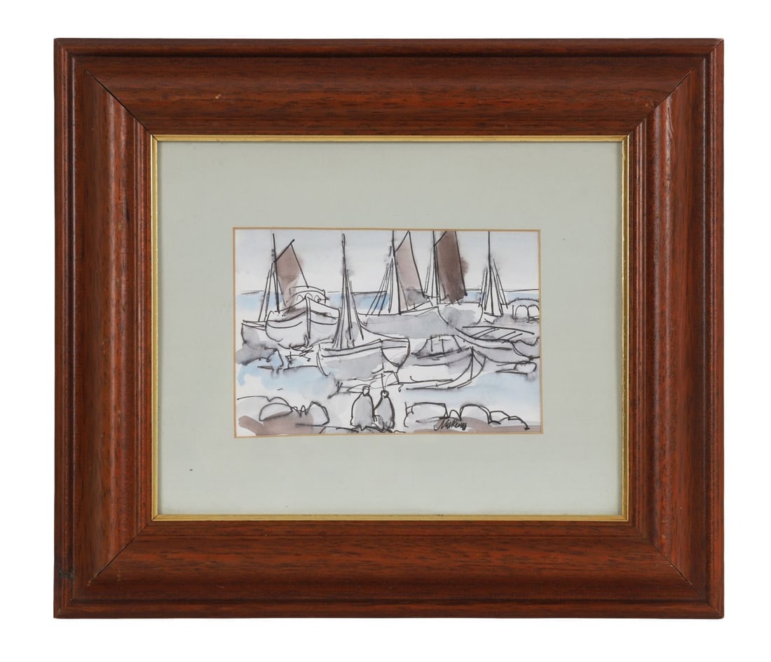 MARKEY ROBINSON (1918 - 1999): Title: Waiting for the CatchMedium: Pen, Ink and WatercolourSignature: Signed Lower Centre RightProvenance: Acquired directly from the artist by the Previous Owner; Private CollectionFramed