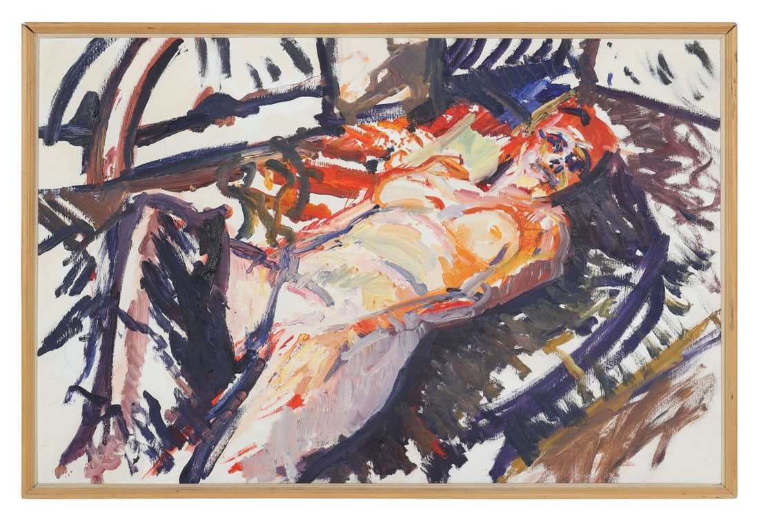 BRIAN MACMAHON (B. 1955): Title: Reclining NudeMedium: Oil on BoardSignature: UnsignedProvenance: The Collection of Tommy Smith, Grogan's Pub, Dublin; Private CollectionFramed