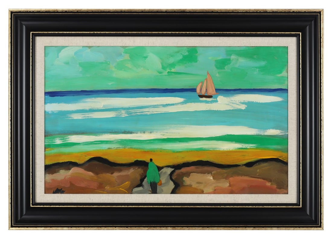 MARKEY ROBINSON (1918 - 1999): Title: Waiting for the CatchMedium: Gouache on BoardSignature: Signed Lower LeftProvenance: Private CollectionFramed