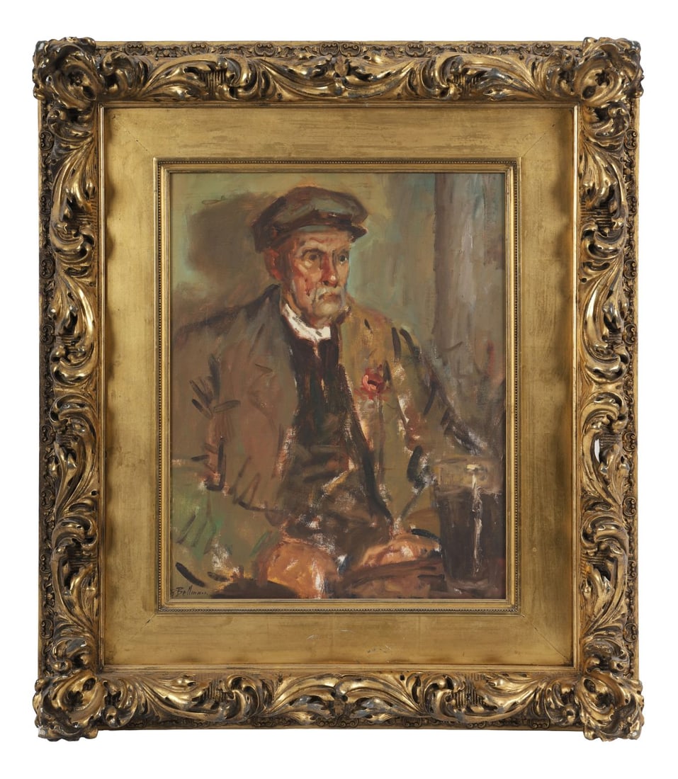 KEN MORONEY (1949 - 2018): Title: A Pint of Guinness (1986)Medium: Oil on BoardSignature: Signed with Pseudonym Lower Left and Inscribed VersoProvenance: Distinguished London Collection; Private CollectionFramed