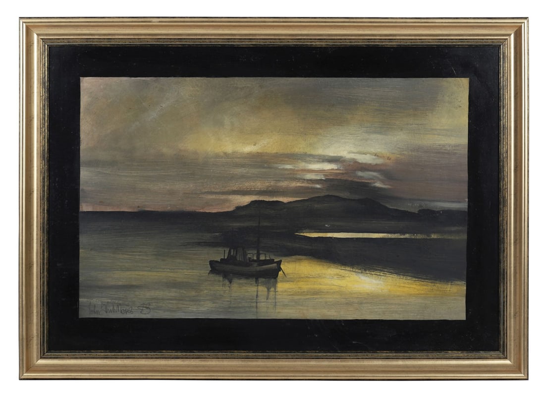 JOHN SHINNORS (B. 1950): Title: Moored Boat at Evening (1973)Medium: Oil on BoardSignature: Signed and Dated Lower LeftProvenance: Acquired directly from the artist by the Previous Owner; Private CollectionFramed