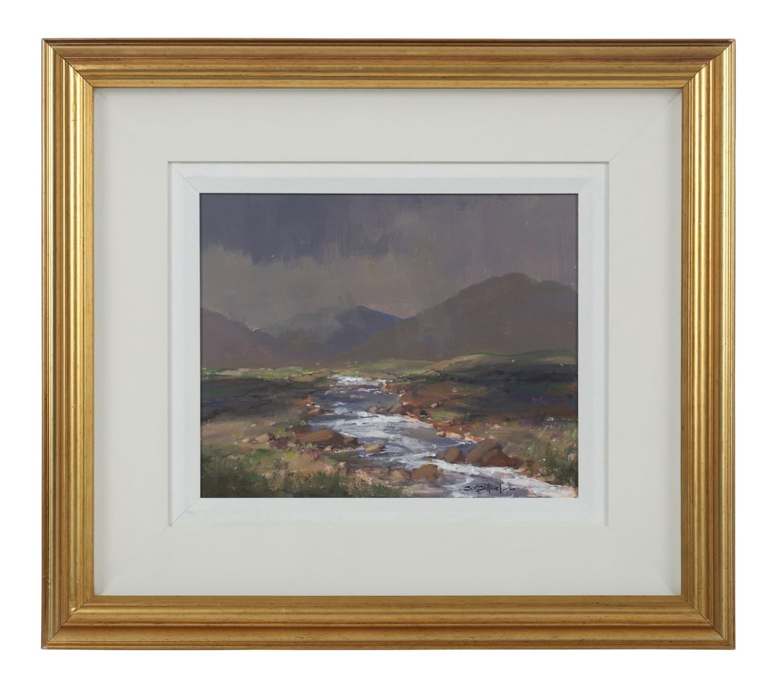 GEORGE K. GILLESPIE RUA (1924 - 1995): Title: The Bundorragha River, Co. MayoMedium: Oil on Board Signature: Signed Lower RightProvenance: The Stables Gallery, Ballymoney, Co. Antrim (Label Verso); Private CollectionFramed