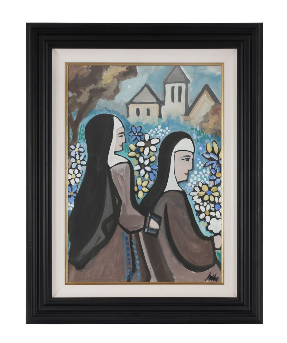 MARKEY ROBINSON (1918 - 1999): Title: Nuns in a GardenMedium: GouacheSignature: Signed Lower Right and Inscribed VersoProvenance: Acquired directly from the artist in 1990; Private CollectionLiterature: Susan Stairs, The Irish
