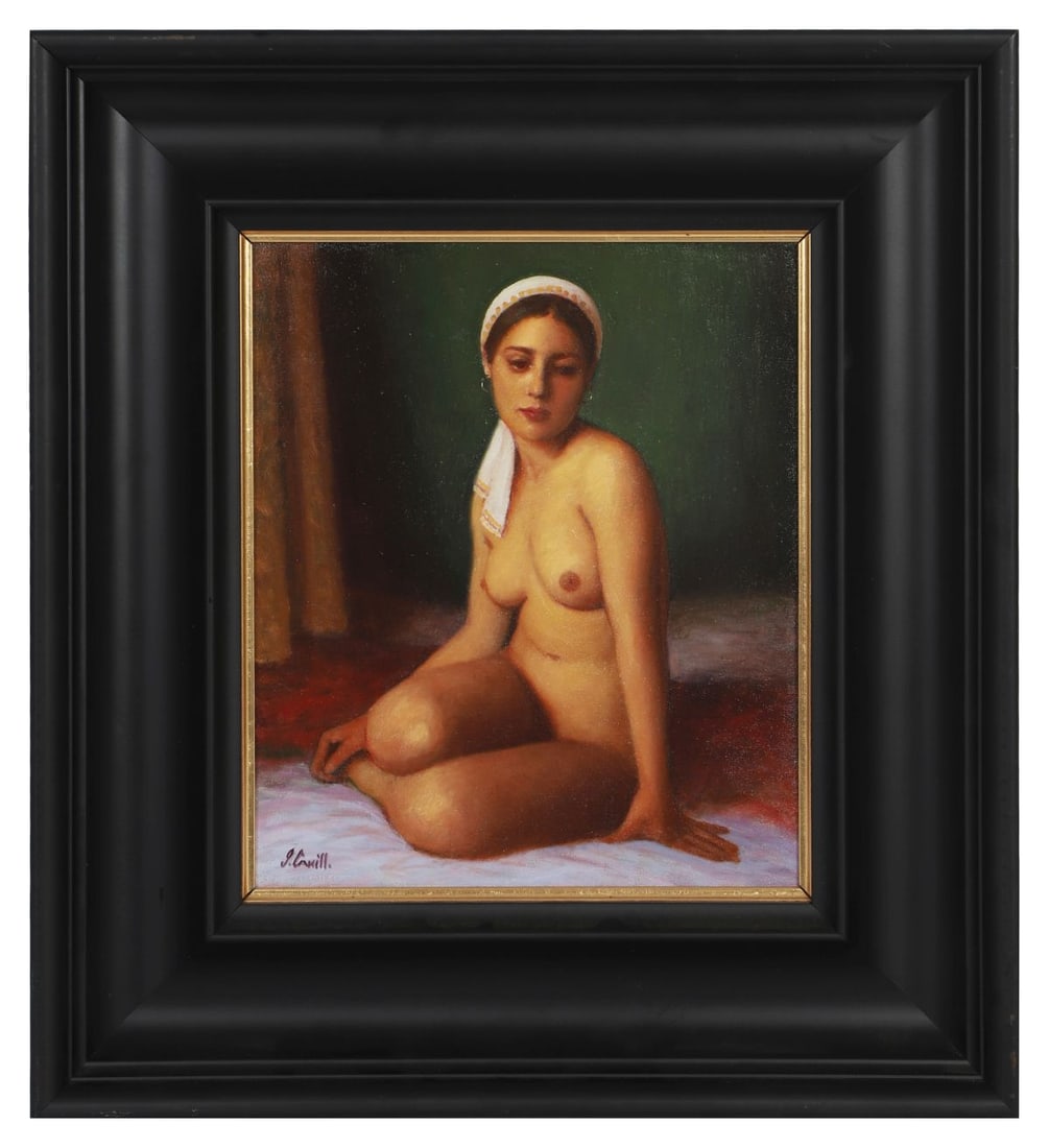 JAMES CAHILL (20TH / 21ST CENTURY): Title: Nude with White ScarfMedium: Oil on Canvas BoardSignature: Signed Lower Left; Inscribed on Label VersoProvenance: Private CollectionFramed