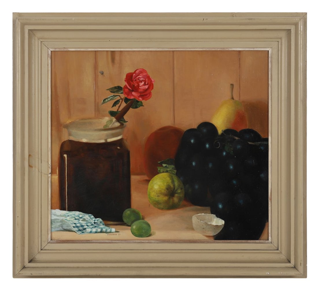 JACK CUDWORTH (1930 - 2010): Title: Still Life with a Rose and Fruit (1977)Medium: Oil on BoardSignature: Signed and Dated Lower Centre LeftProvenance:Framed