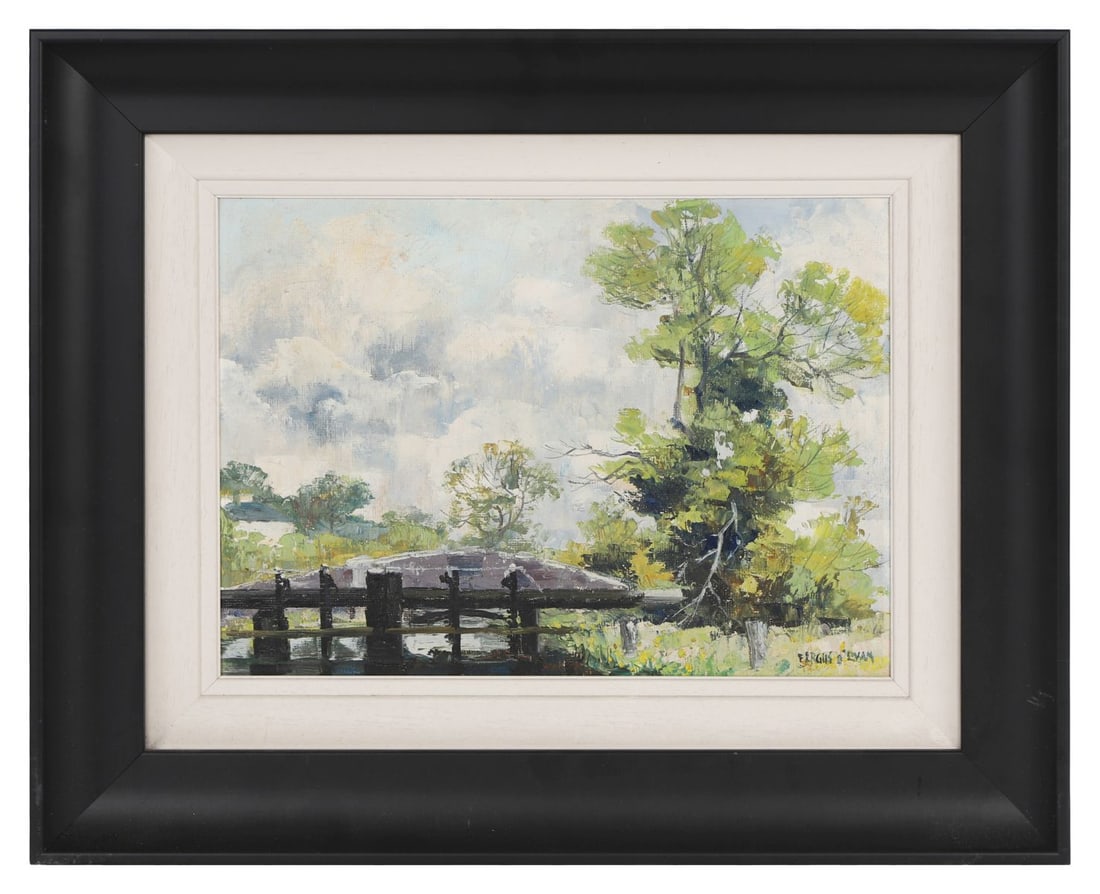 FERGUS O'RYAN RHA (1910 - 1989): Title: Grand Canal, Digby Bridge, SallinsMedium: Oil on BoardSignature: Signed Lower Right and Inscribed VersoProvenance: Private CollectionFramed
