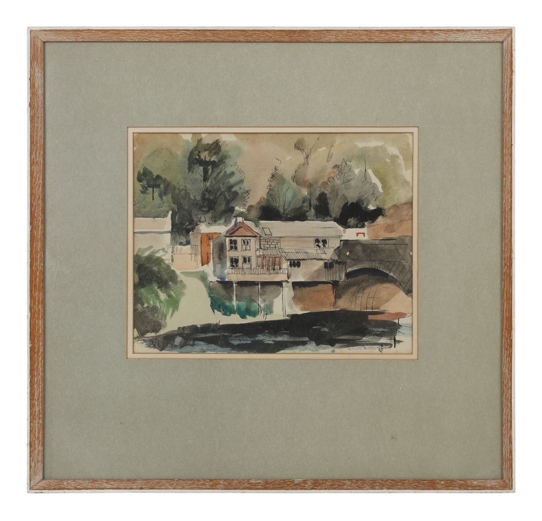 MURIEL BRANDT RHA (1909 - 1981): Title: House by a RiverMedium: WatercolourSignature: Signed Lower LeftProvenance: The Dawson Gallery, Dublin (Framing Label Verso); Private CollectionFramed