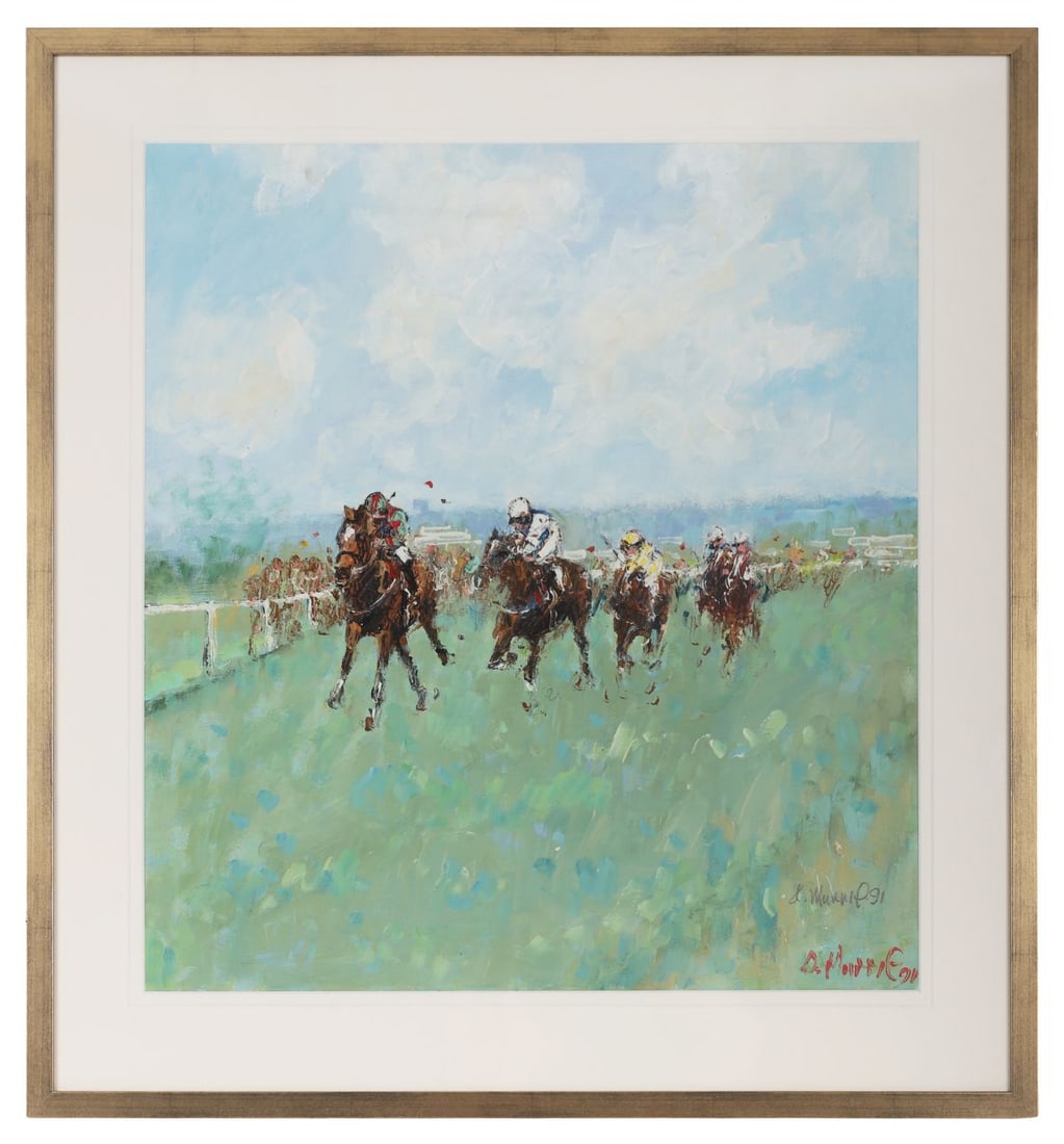DES MURRIE (20TH / 21ST CENTURY): Title: Curragh Racecourse (1991)Medium: Oil on BoardSignature: Signed and Dated Lower Right; Inscribed VersoProvenance: Private CollectionFramed