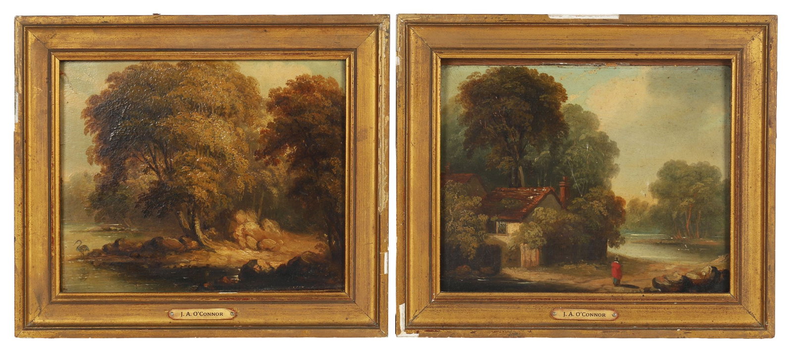 JAMES ARTHUR O'CONNOR (1792 - 1841): Title: Figure Standing Outside of a Riverside Dwelling, and Heron Standing in a River and Wooded Landscape Medium: Oil on PanelSignature: UnsignedProvenance: Grindley & Palmer, Fine Art Dealers, Liver