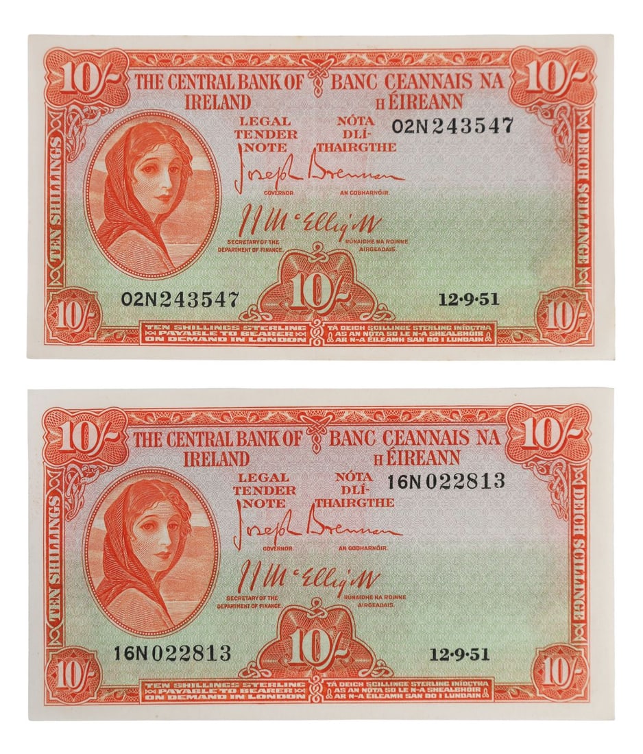 PAIR OF LAVERY TEN-SHILLING BANKNOTES, 1951: A pair of Irish ten-shilling banknotes, dated 1951, from the Lady Lavery series. NUMISMATICS Thursday 8th October 2026 16:45:00
