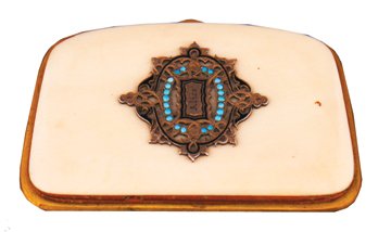 Nineteenth-century ivory and ormolu card case: Nineteenth-century ivory and ormolu card case with enamelled and engraved armorial decoration, dated January 1866
