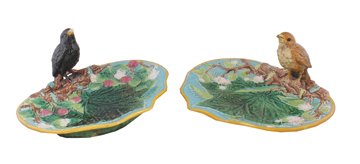 Pair of George Jones Majolica nut dishes: Pair of George Jones Majolica nut dishes with blackbird and thrush decoration 26 cm. wide