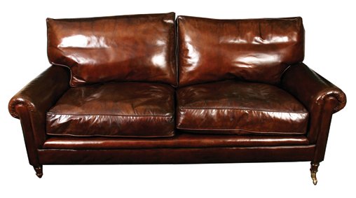 Pair of leather library settees: Pair of leather library settees each with loose cushions 180 cm. wide
