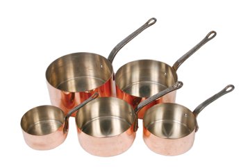 Set of five antique copper sauce pans