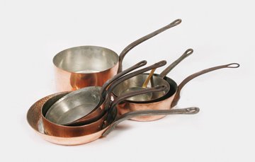 Assorted lot of five antique copper pans
