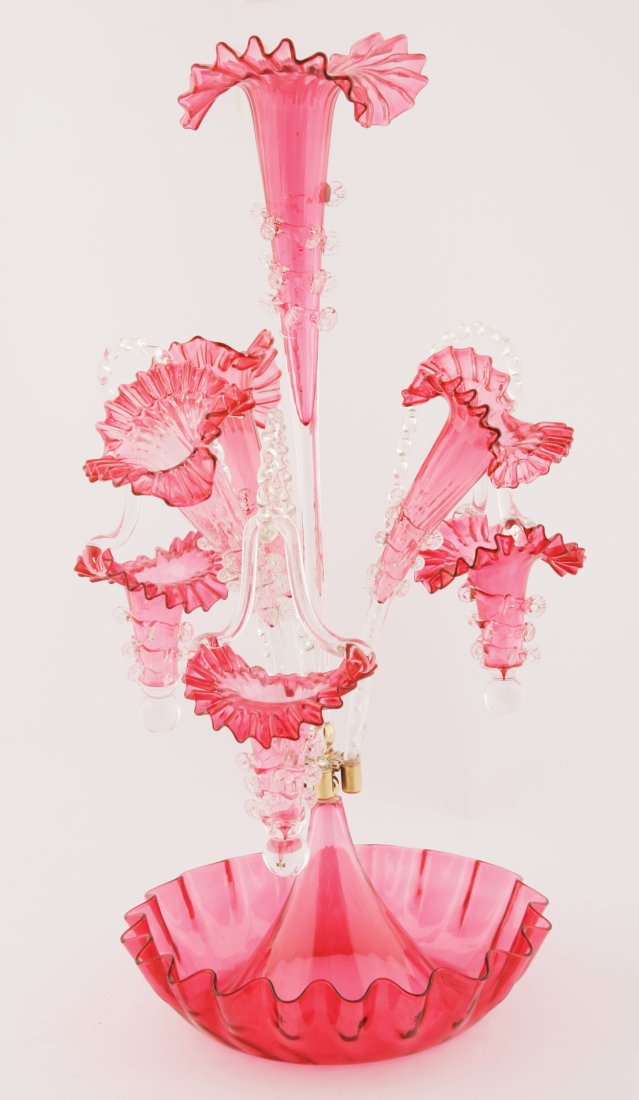Ruby glass epergne: Ruby glass epergne 61 cm. high
