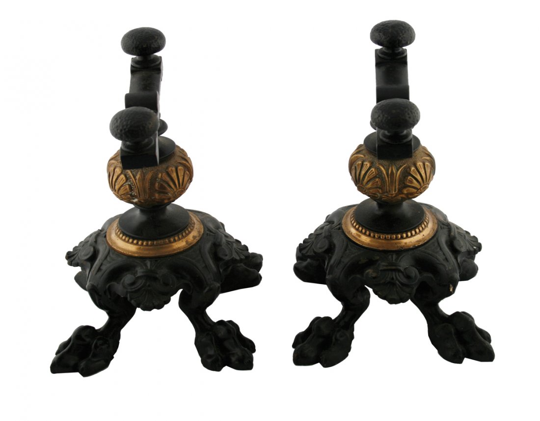Pair William IV period brass and cast iron claw legged: Pair William IV period brass and cast iron claw legged fire dogs 24 cm. high