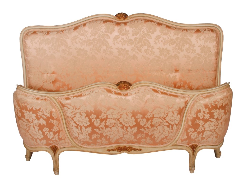 Louis XV style moulded and silk upholstered king-size: Louis XV style moulded and silk upholstered king-size bed 150 cm. wide