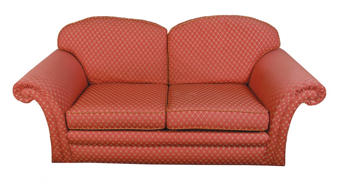 Pair of upholstered settees with loose cushions: Pair of upholstered settees with loose cushions