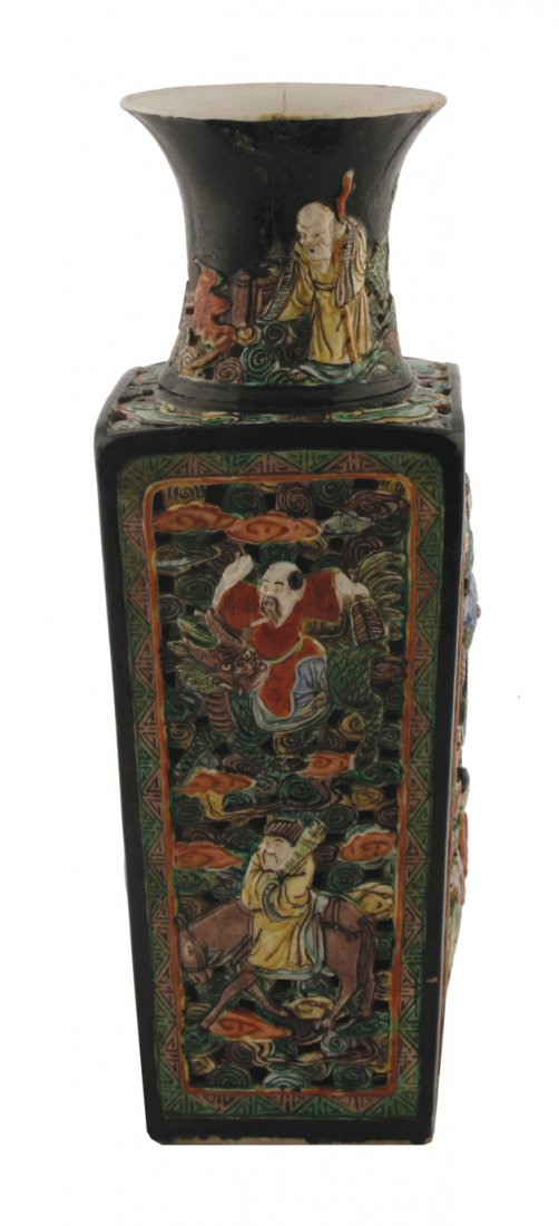 Chinese Qing period famille vert vase of square form: Chinese Qing period famille vert vase of square form 34 cm. high