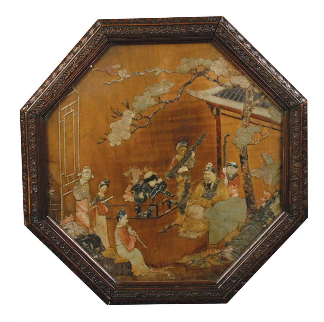 Nineteenth-century Chinese soapstone and mother o'pearl: Nineteenth-century Chinese soapstone and mother o'pearl carved pictorial panel of octagonal form, depicting figures playing musical instruments 60 cm. diameter