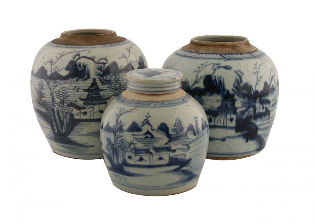 Group of three Qing period blue and white ginger jars: Group of three Qing period blue and white ginger jars 21 cm. and lower